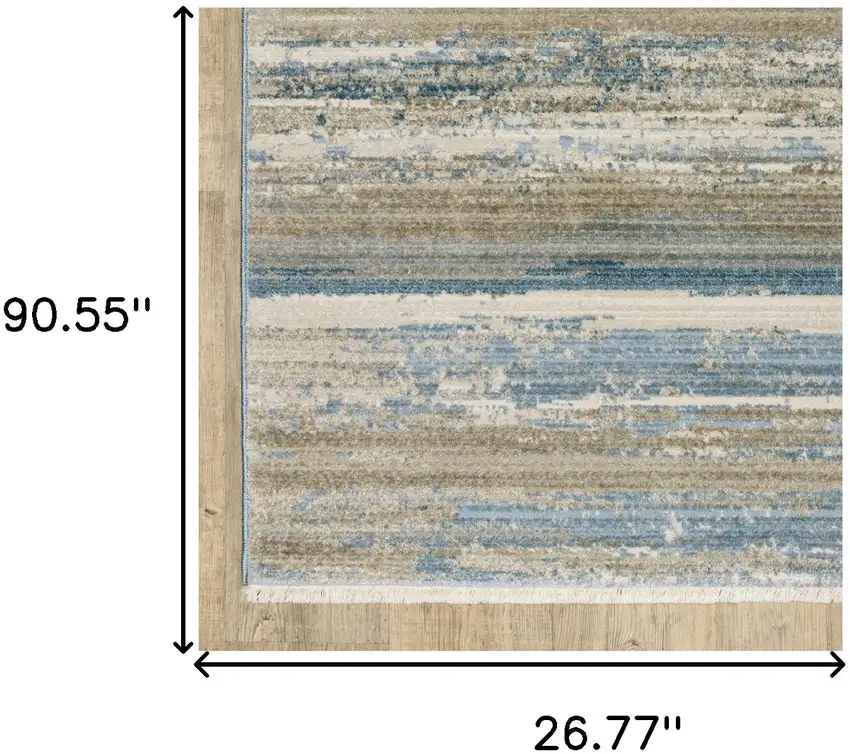 Blue And Ivory Abstract Power Loom Runner Rug With Fringe Photo 8