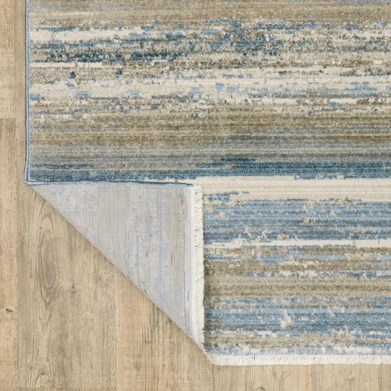 Blue And Ivory Abstract Power Loom Runner Rug With Fringe Photo 4