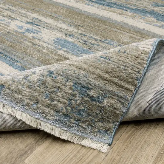 Blue And Ivory Abstract Power Loom Runner Rug With Fringe Photo 7