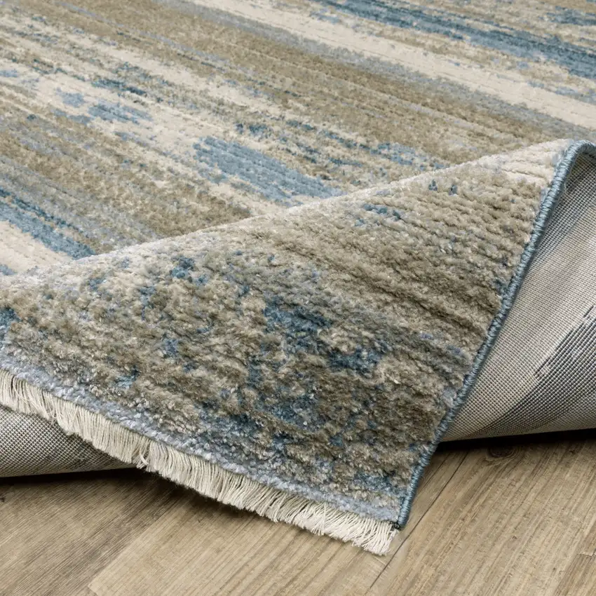 Blue And Ivory Abstract Power Loom Runner Rug With Fringe Photo 7