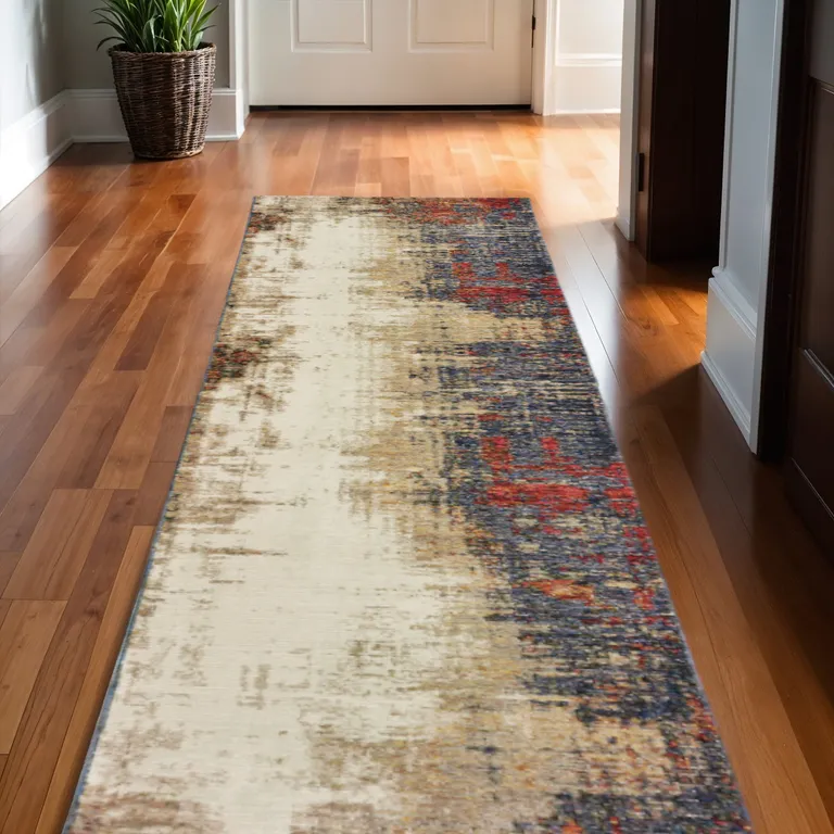 Blue And Ivory Abstract Power Loom Runner Rug Photo 5