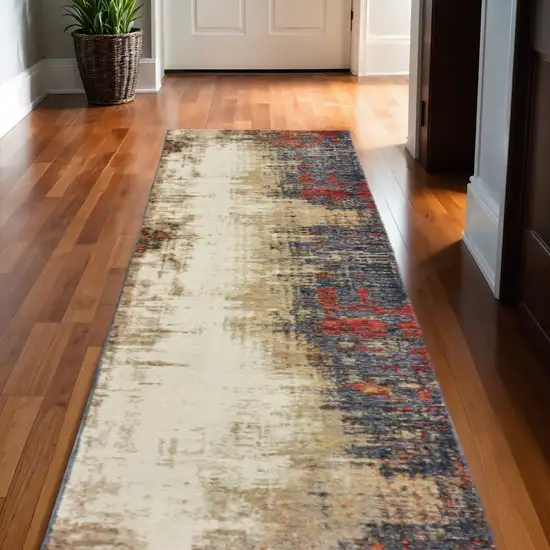 12' Blue And Ivory Abstract Runner Rug Photo 1