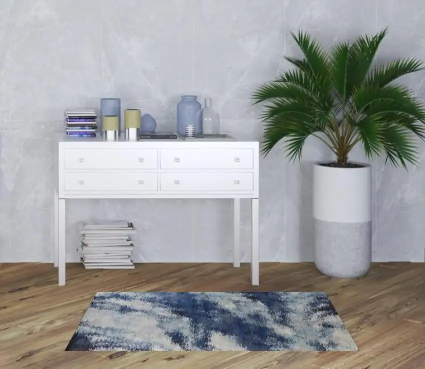Blue And Ivory Abstract Power Loom Stain Resistant Area Rug Photo 2