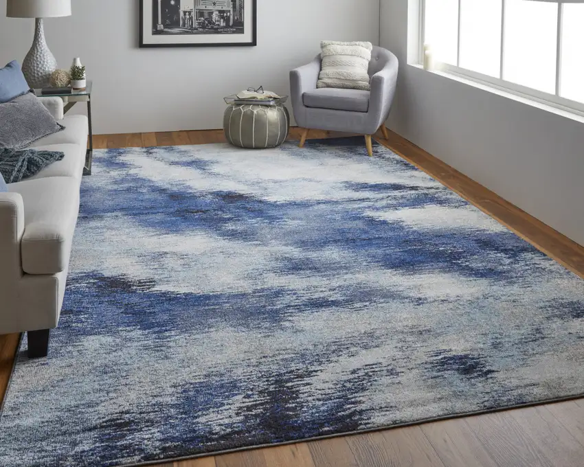 Blue And Ivory Abstract Power Loom Stain Resistant Area Rug Photo 3
