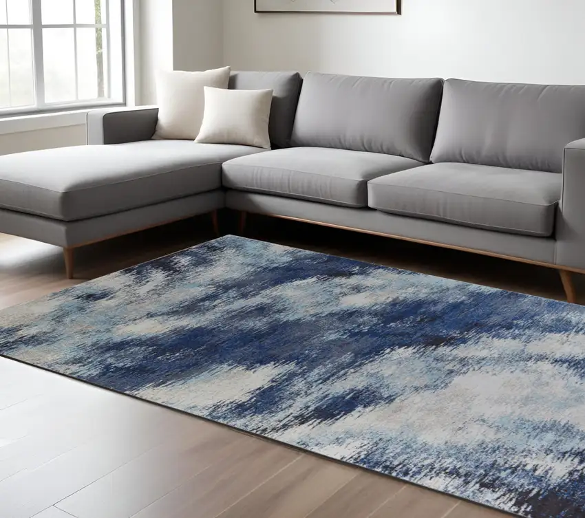 Blue and Ivory Abstract Power Loom Non Skid Area Rug Photo 1