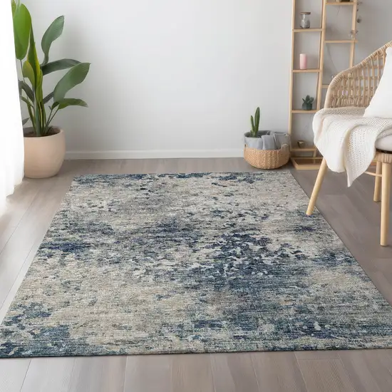 Blue And Ivory Abstract Washable Area Rug With UV Protection Photo 6