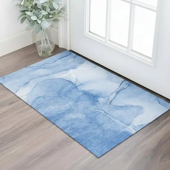 Blue And Ivory Abstract Washable Area Rug With UV Protection Photo 2