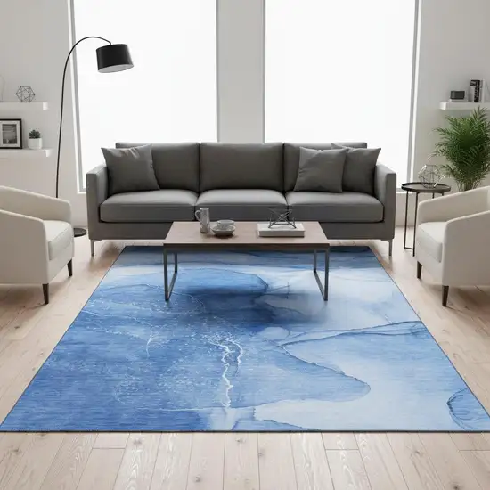 Blue And Ivory Abstract Washable Area Rug With UV Protection Photo 2