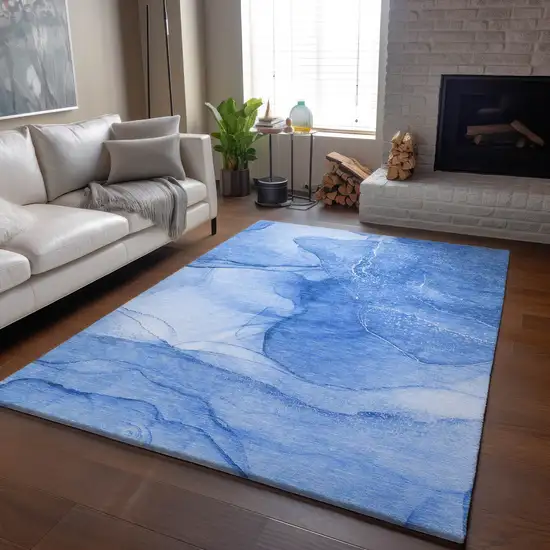 Blue And Ivory Abstract Washable Area Rug With UV Protection Photo 6