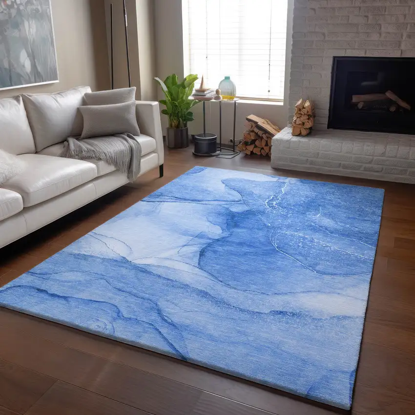 Blue And Ivory Abstract Washable Area Rug With UV Protection Photo 6