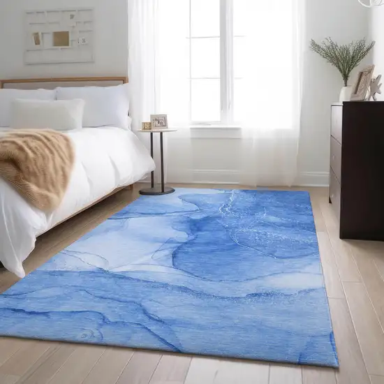 Blue And Ivory Abstract Washable Area Rug With UV Protection Photo 5