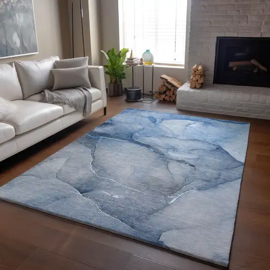 Blue And Ivory Abstract Washable Area Rug With UV Protection Photo 6