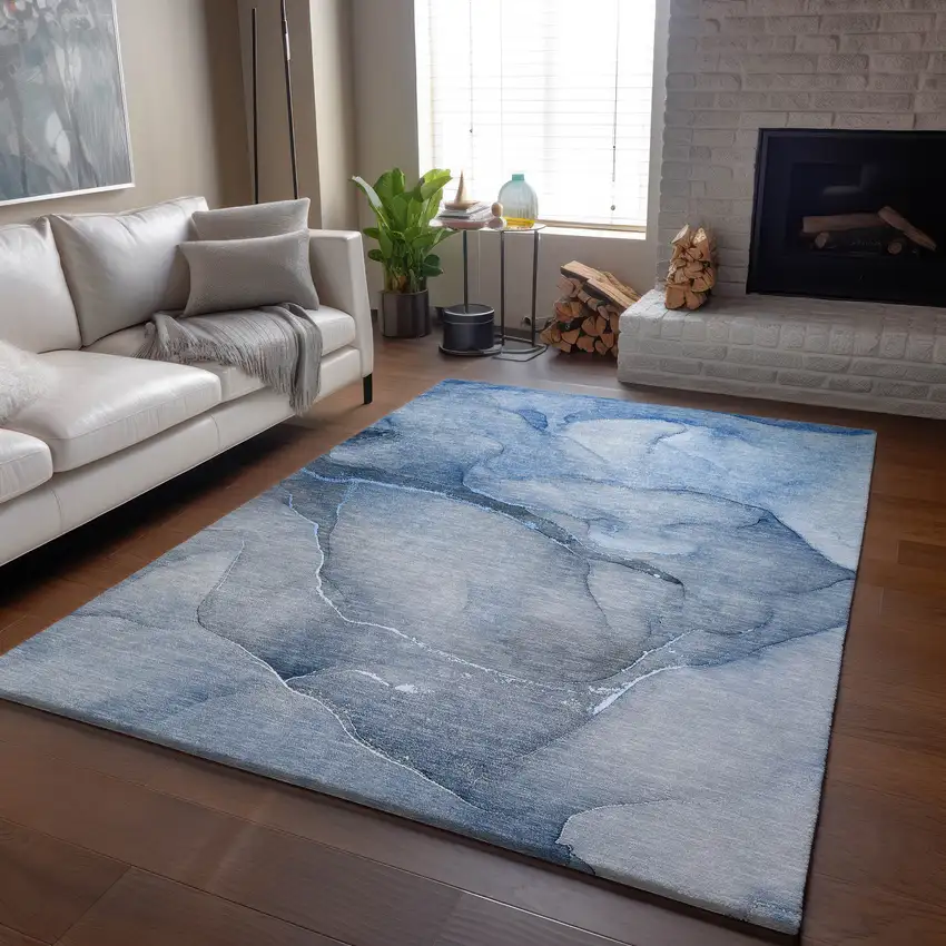 Blue And Ivory Abstract Washable Area Rug With UV Protection Photo 6