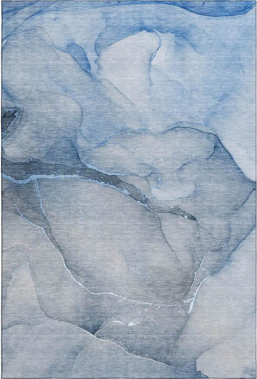 Blue And Ivory Abstract Washable Area Rug With UV Protection Photo 1