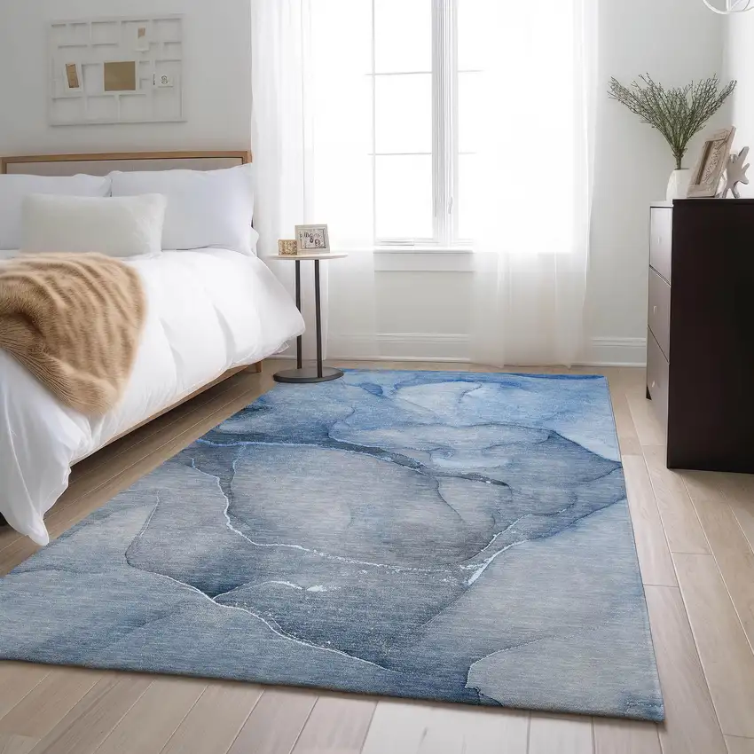 Blue And Ivory Abstract Washable Area Rug With UV Protection Photo 5