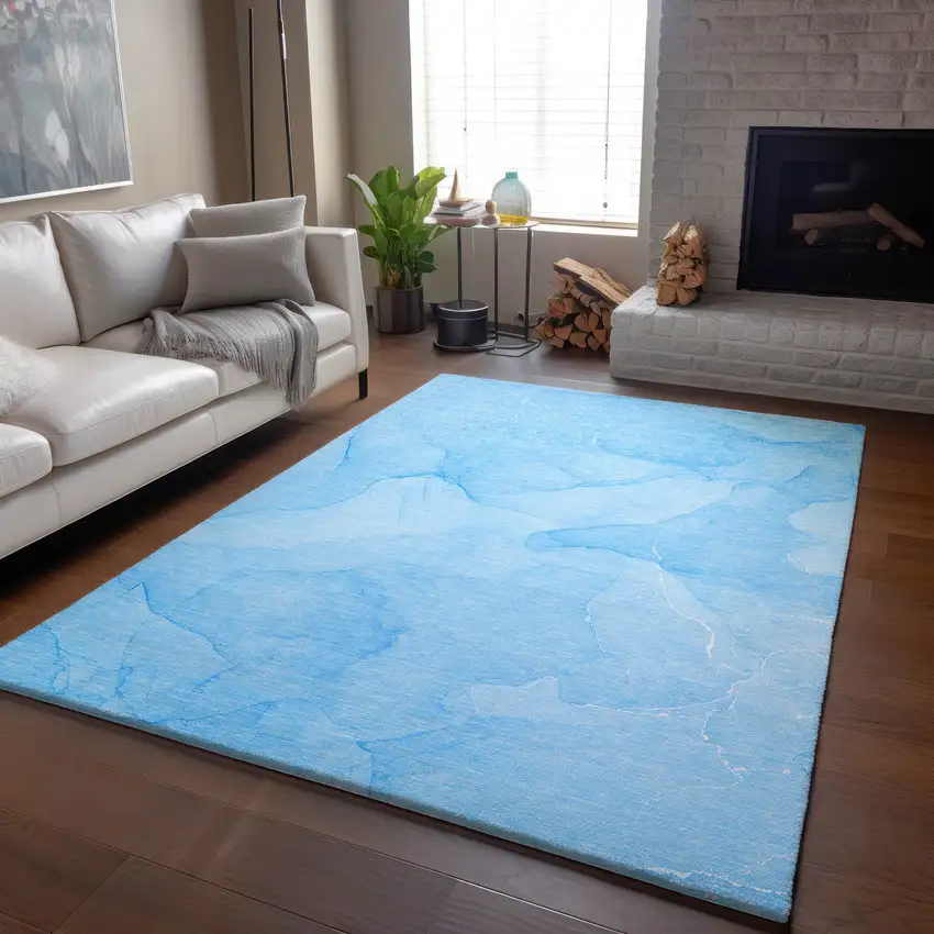 Blue And Ivory Abstract Washable Area Rug With UV Protection Photo 6