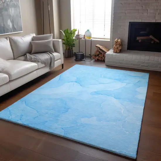 Blue And Ivory Abstract Washable Area Rug With UV Protection Photo 5