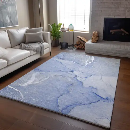 Blue And Ivory Abstract Washable Area Rug With UV Protection Photo 5