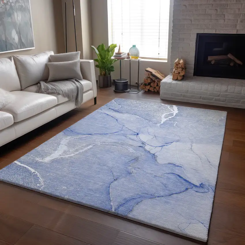 Blue And Ivory Abstract Washable Area Rug With UV Protection Photo 5