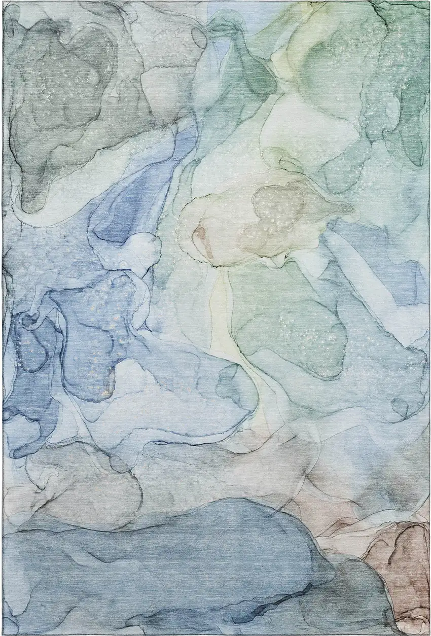 Blue And Ivory Abstract Washable Area Rug With UV Protection Photo 1