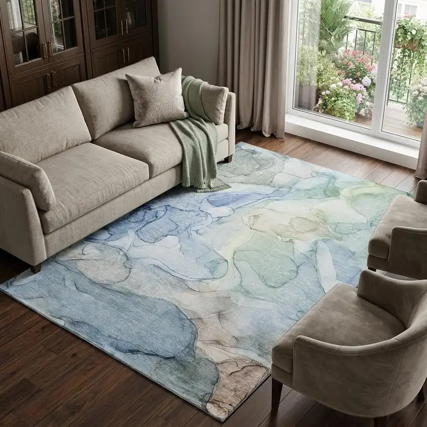 Blue And Ivory Abstract Washable Area Rug With UV Protection Photo 1