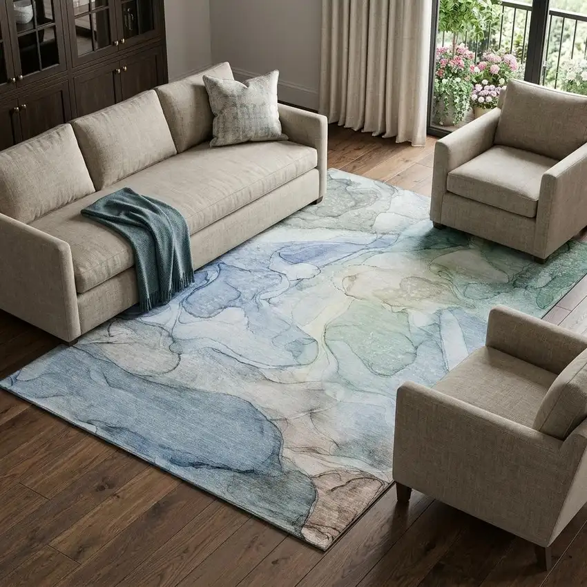 Blue And Ivory Abstract Washable Area Rug With UV Protection Photo 1