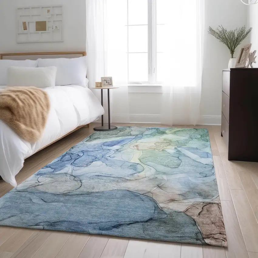 Blue And Ivory Abstract Washable Area Rug With UV Protection Photo 4