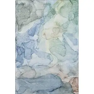 Photo of Blue And Ivory Abstract Washable Area Rug With UV Protection
