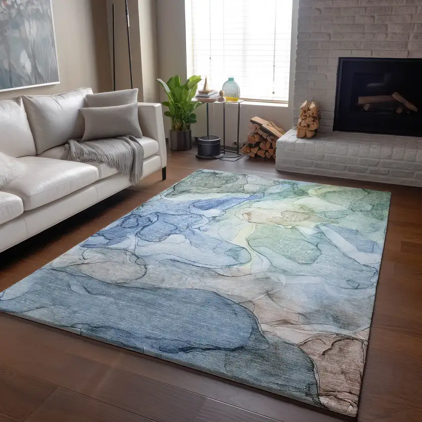Blue And Ivory Abstract Washable Area Rug With UV Protection Photo 5