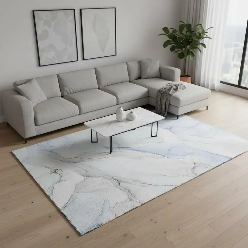 Blue And Ivory Abstract Washable Area Rug With UV Protection Photo 2