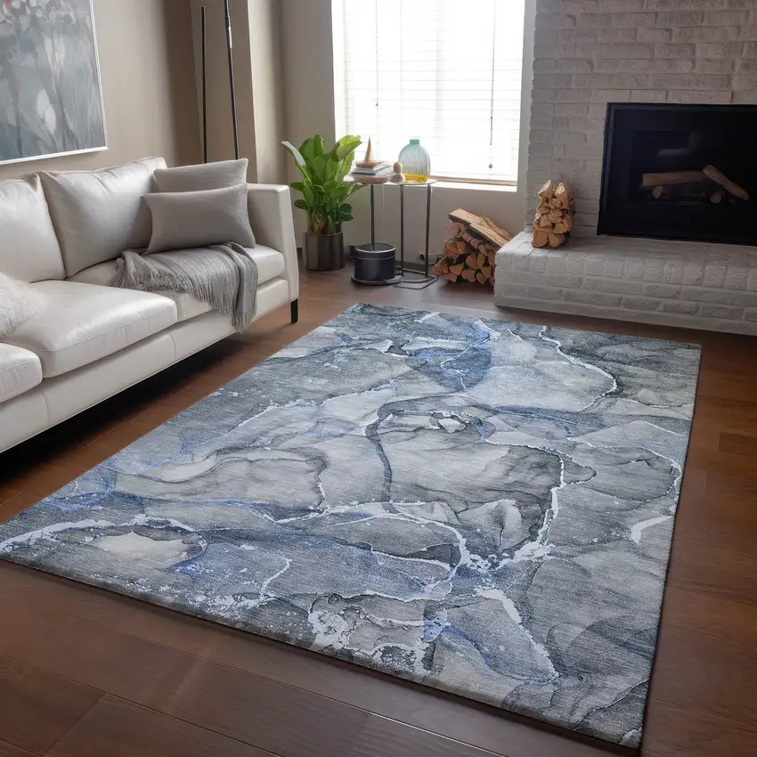 Blue And Ivory Abstract Washable Area Rug With UV Protection Photo 6