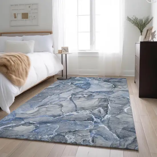 Blue And Ivory Abstract Washable Area Rug With UV Protection Photo 5