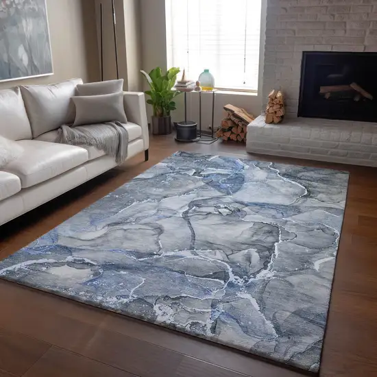 Blue And Ivory Abstract Washable Area Rug With UV Protection Photo 6