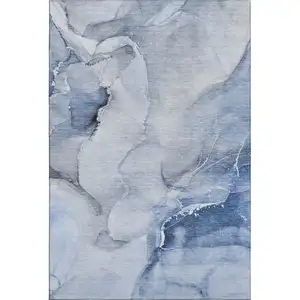 Photo of Blue And Ivory Abstract Washable Area Rug With UV Protection