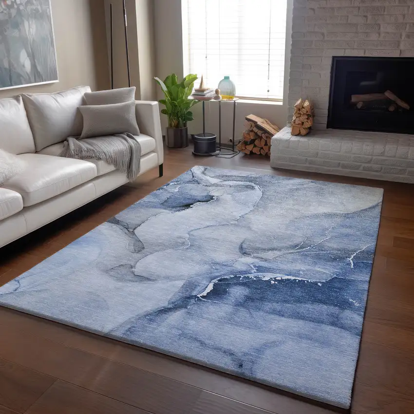 Blue And Ivory Abstract Washable Area Rug With UV Protection Photo 5