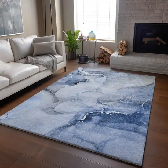Blue And Ivory Abstract Washable Area Rug With UV Protection Photo 7