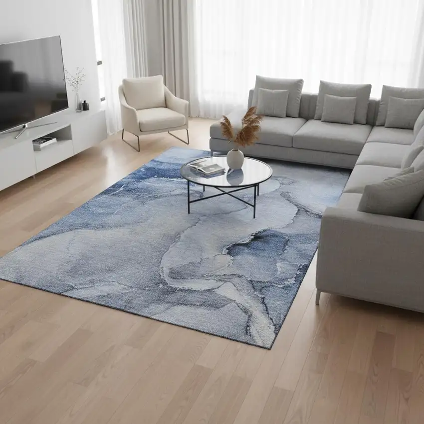 Blue And Ivory Abstract Washable Area Rug With UV Protection Photo 3