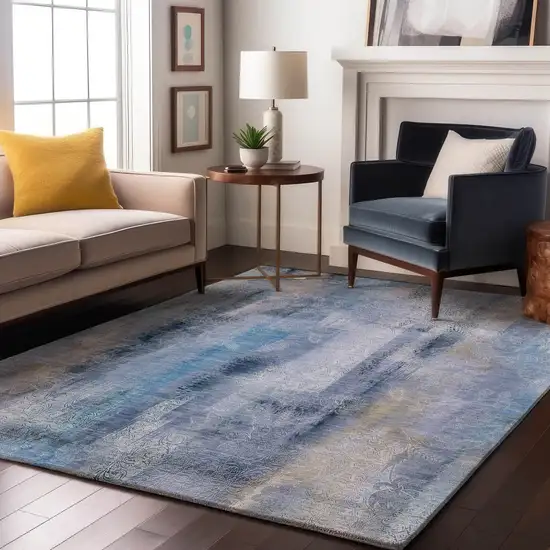 Blue And Ivory Abstract Washable Area Rug With UV Protection Photo 4