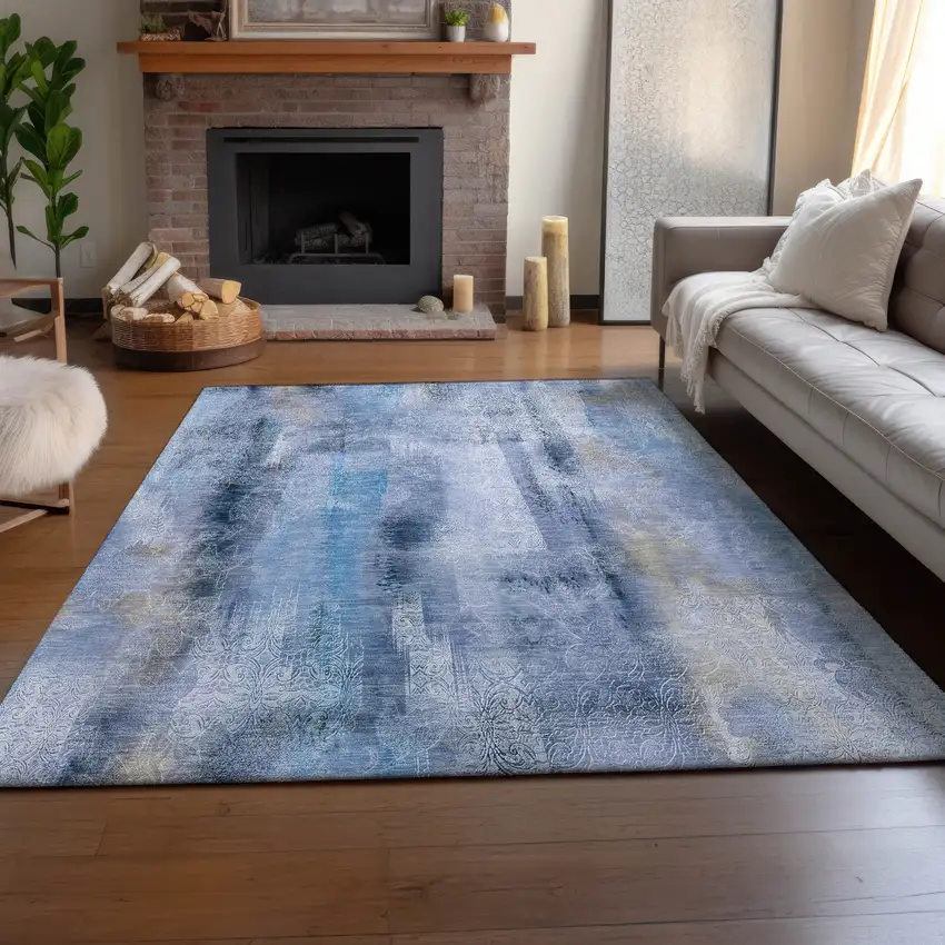Blue And Ivory Abstract Washable Area Rug With UV Protection Photo 6
