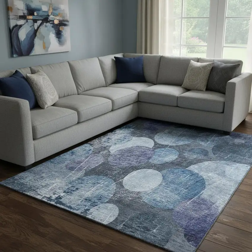 Blue And Ivory Abstract Washable Area Rug With UV Protection Photo 1