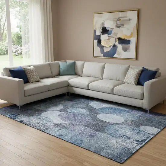 Blue And Ivory Abstract Washable Area Rug With UV Protection Photo 1