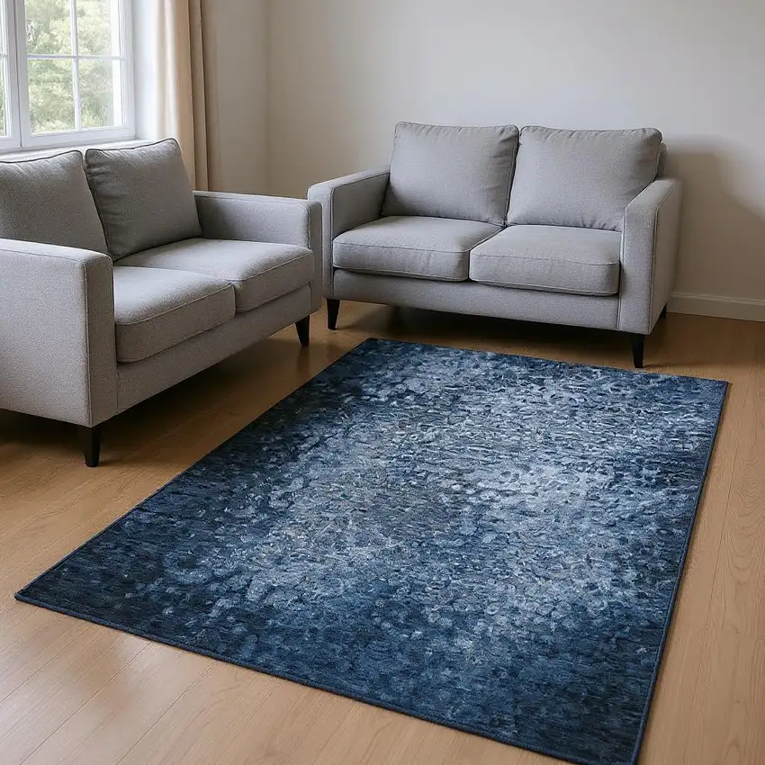 Blue And Ivory Abstract Washable Area Rug With UV Protection Photo 2