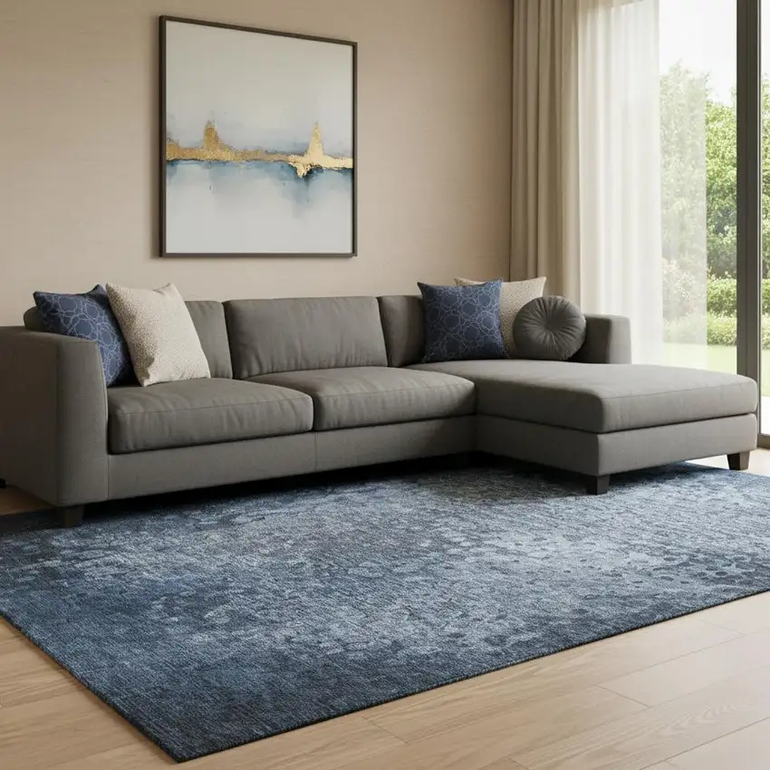 Blue And Ivory Abstract Washable Area Rug With UV Protection Photo 1