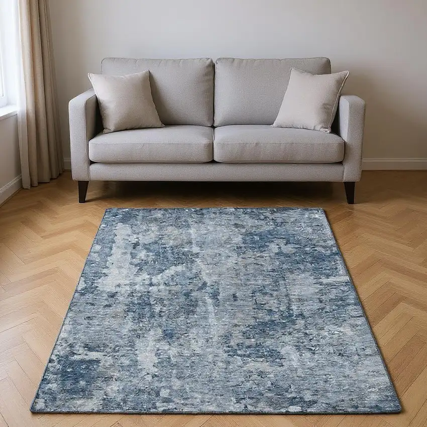 Blue And Ivory Abstract Washable Area Rug With UV Protection Photo 2
