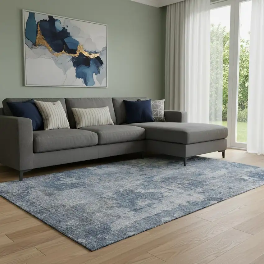 Blue And Ivory Abstract Washable Area Rug With UV Protection Photo 1