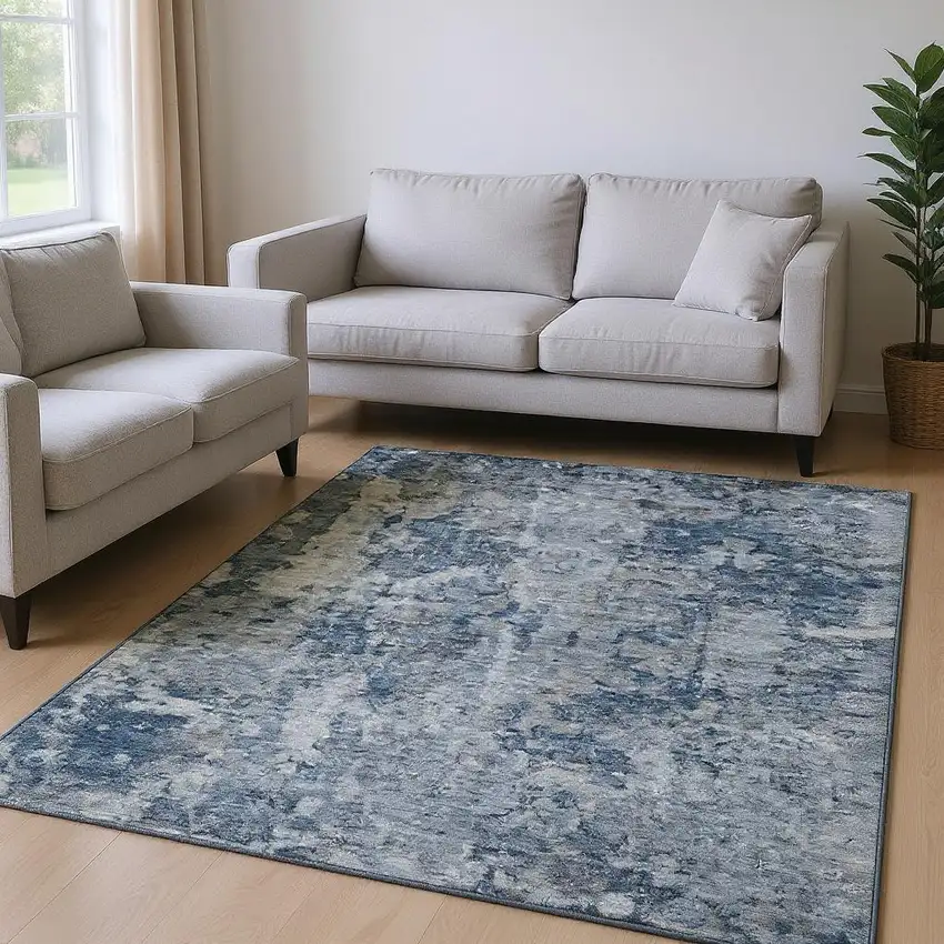 Blue And Ivory Abstract Washable Area Rug With UV Protection Photo 2