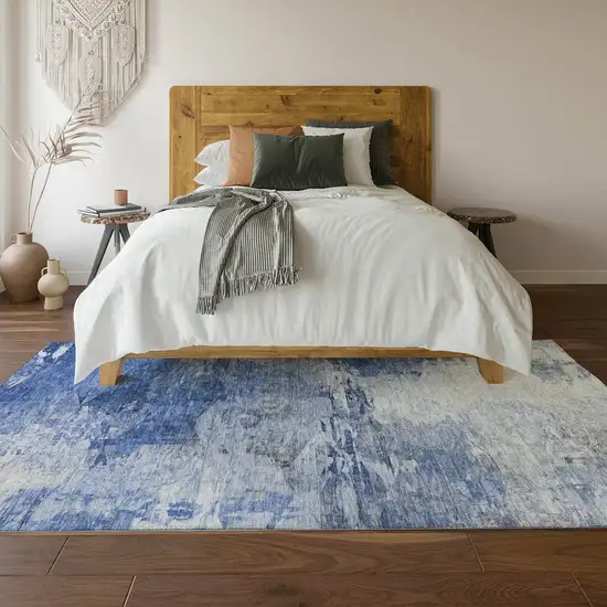 Blue And Ivory Abstract Washable Area Rug With UV Protection Photo 7