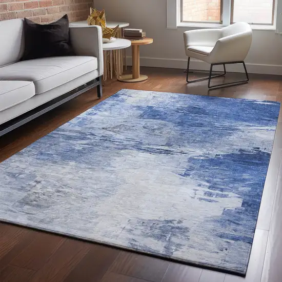 Blue And Ivory Abstract Washable Area Rug With UV Protection Photo 6