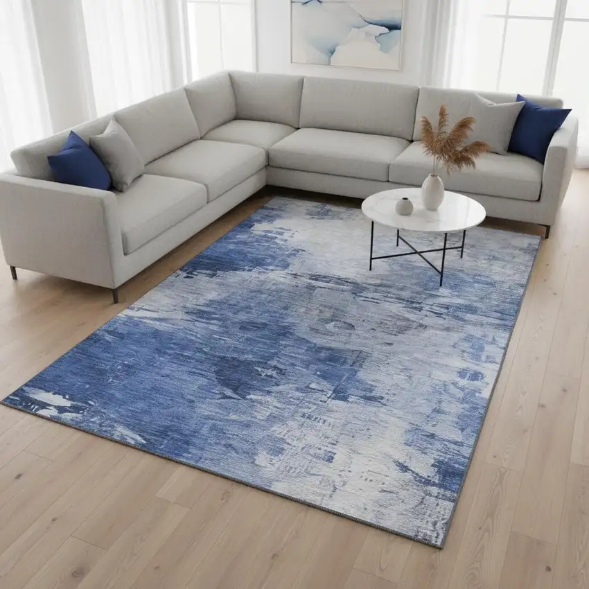 Blue And Ivory Abstract Washable Area Rug With UV Protection Photo 2