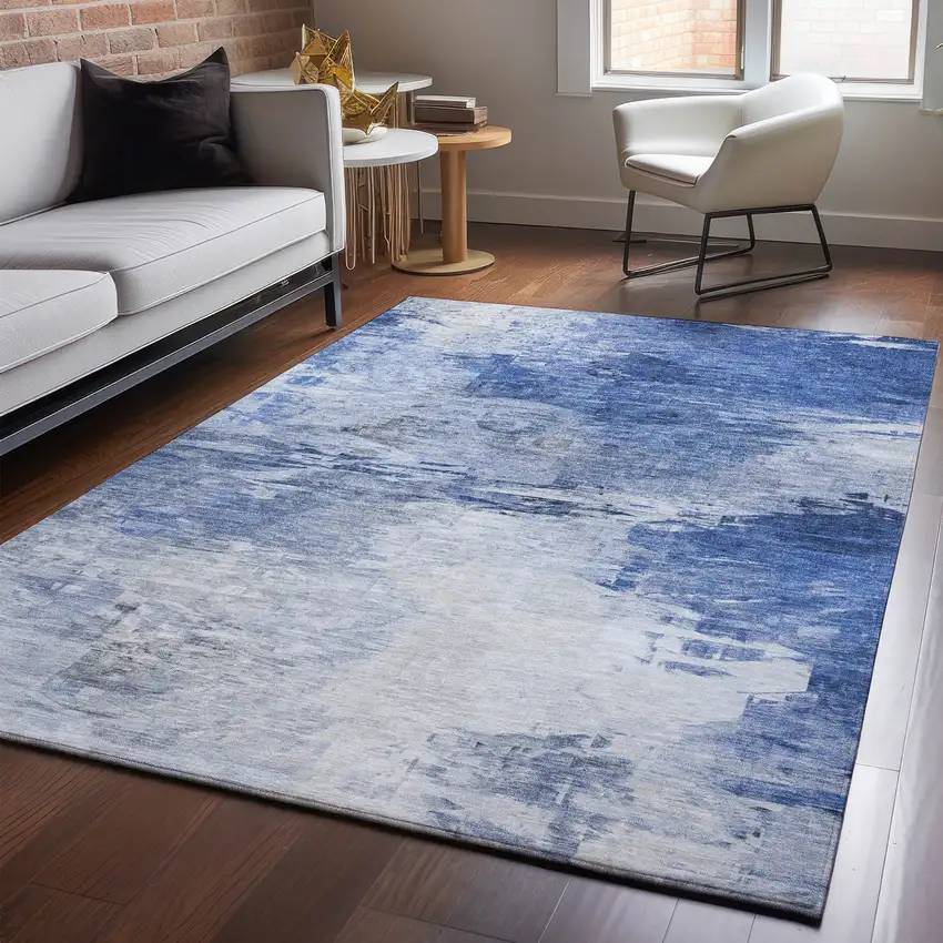 Blue And Ivory Abstract Washable Area Rug With UV Protection Photo 5